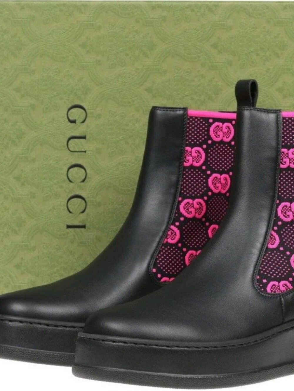 Gucci Black Leather Chelsea Ankle Boots with Pink Logo Panels